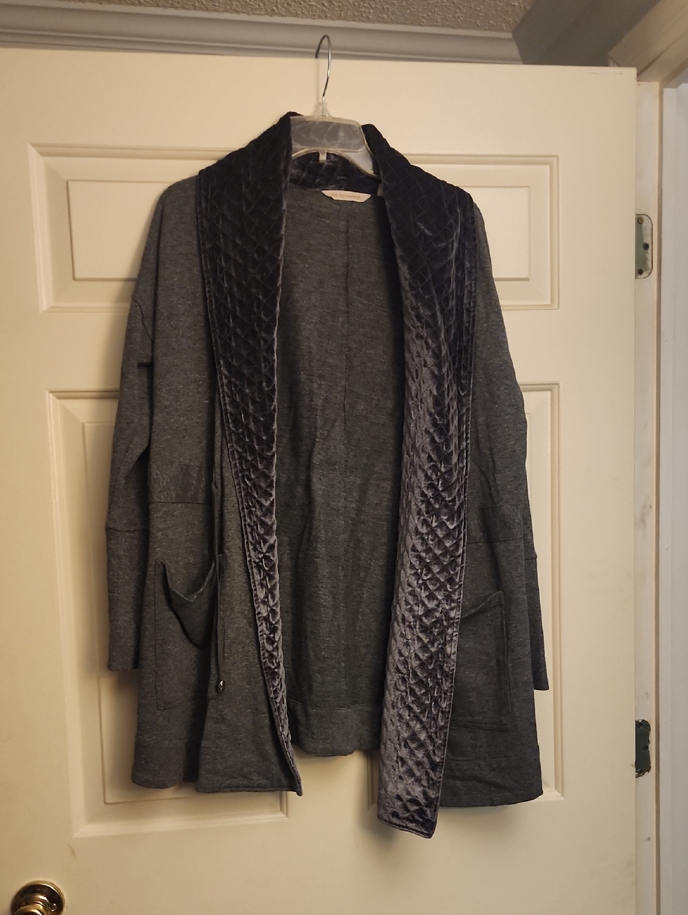 Cozy Gray Open Front Cardigan with Quilted Velvet Trim